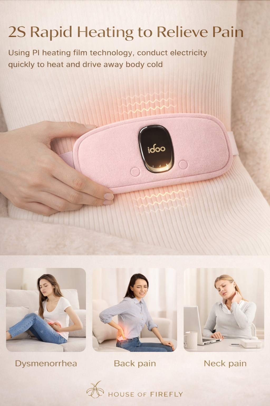Pink heating pad being used on a person's waist with text about pain relief and product features.