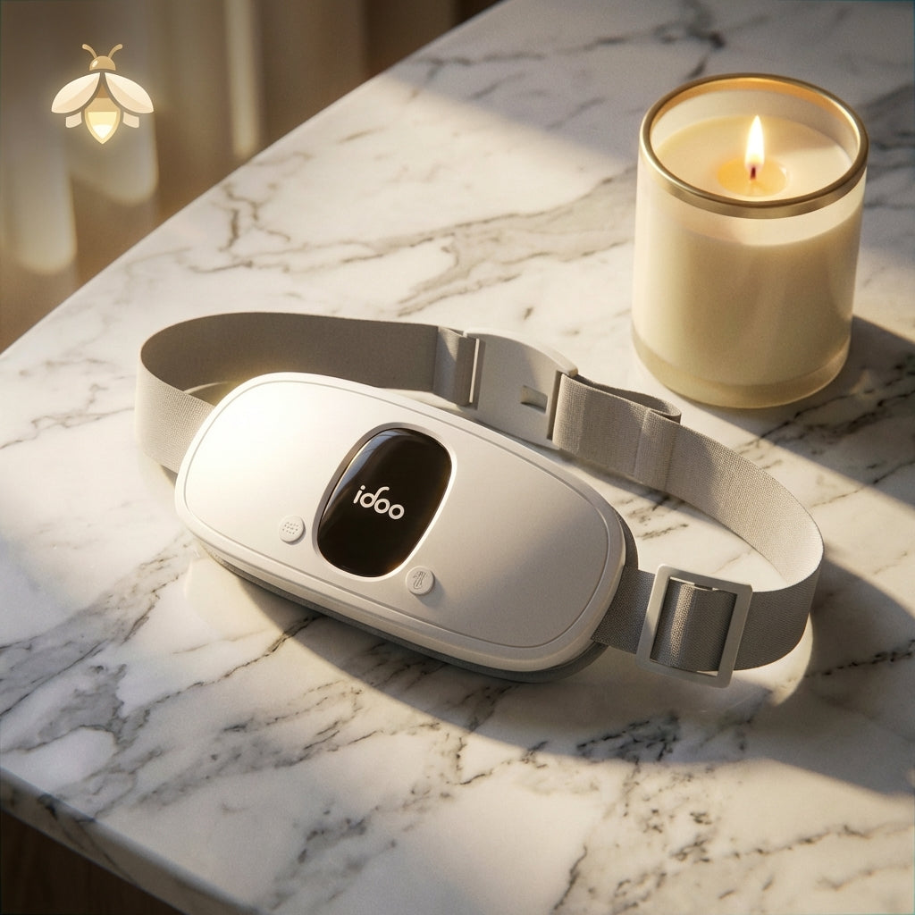 House of Firefly Serenity Belt (White) - Cordless menstrual heating pad on a plush cream bed with natural morning sunlight. The golden firefly logo is subtly watermarked in the bottom left corner.