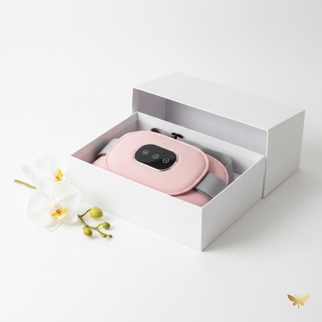 House of Firefly Serenity Belt premium unboxing. A pink cordless heating pad nestled in an elegant white gift box with a white orchid. Perfect luxury wellness gift for her.