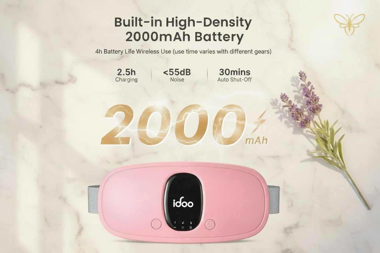 House of Firefly Serenity Belt technical specifications showing 2000mAh battery for 4 hours of cordless use. Premium pink heating pad on white marble with a golden firefly logo bookmark.