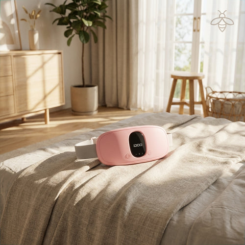House of Firefly Serenity Belt - Cordless pink menstrual heating pad on a plush cream bed with natural morning sunlight.