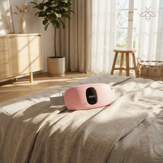 House of Firefly Serenity Belt - Cordless pink menstrual heating pad on a plush cream bed with natural morning sunlight.