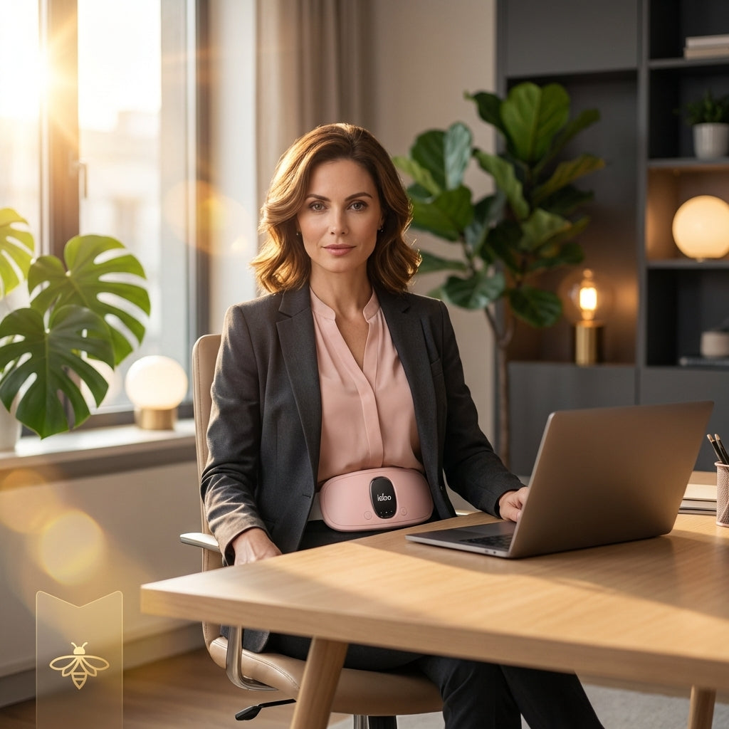 House of Firefly Serenity Belt - Pink cordless menstrual heating pad worn by a professional woman in a modern office. Features 2-second rapid heating and a discreet, portable design.